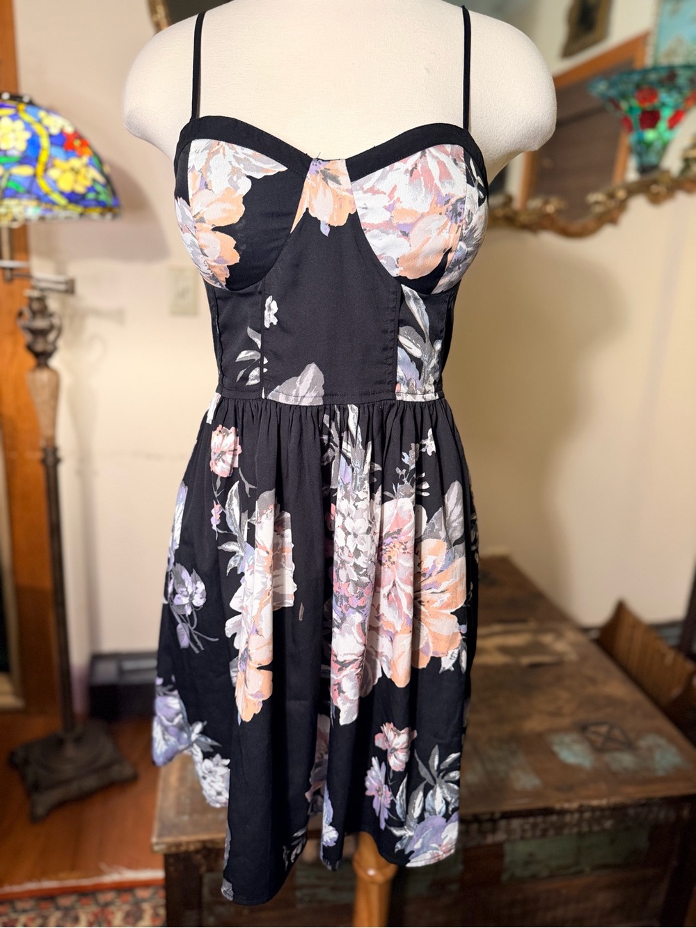 Band of Gypsies Black Mini Dress with Peach & Lavender Floral Print